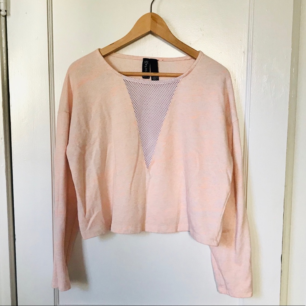 Heathered pink crop top with sexy mesh panel